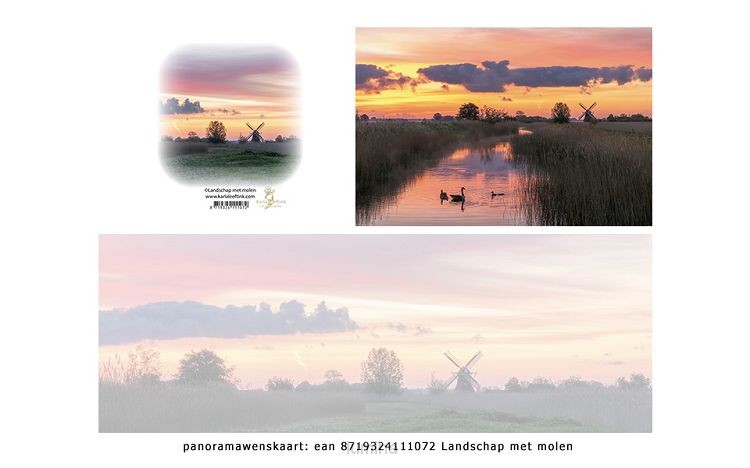 Panoramawenskaart zt landschap met molen