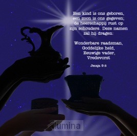 Kerstkaart geschenken koningen een kind