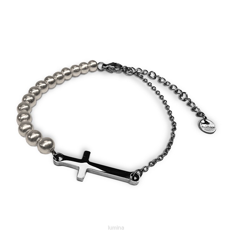 Armband kruisje en parels zilver