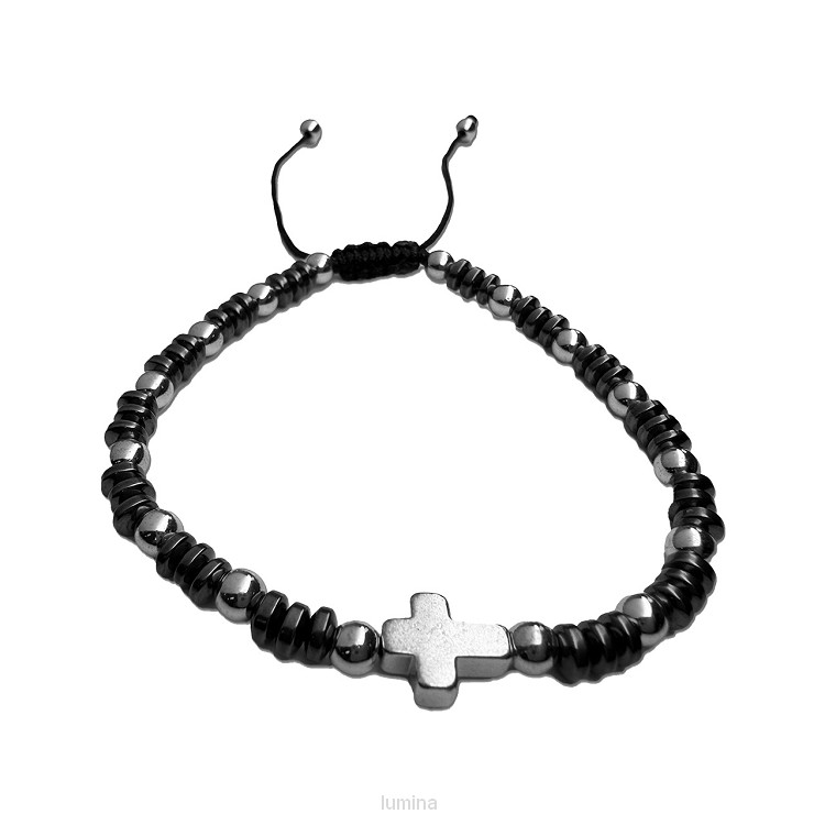 Kralenarmband small grijs/zilv met kruis