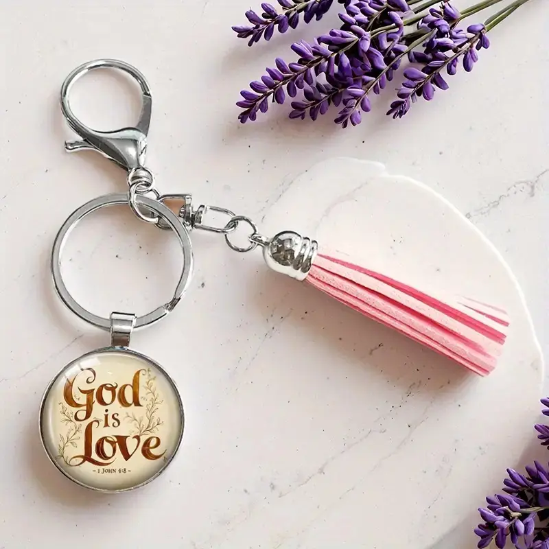 Keyring Metal/Epoxy God is love w/Tassel